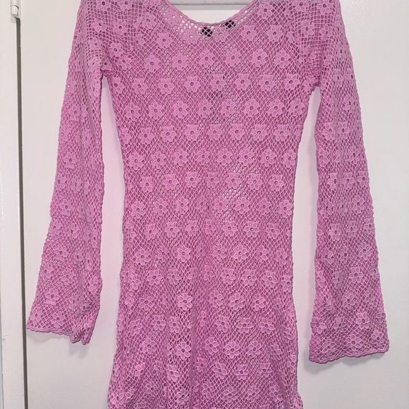 Mango Pink Crochet flower detail Long Sleeve mini dress cover up SMALL - Picture 2 of 4